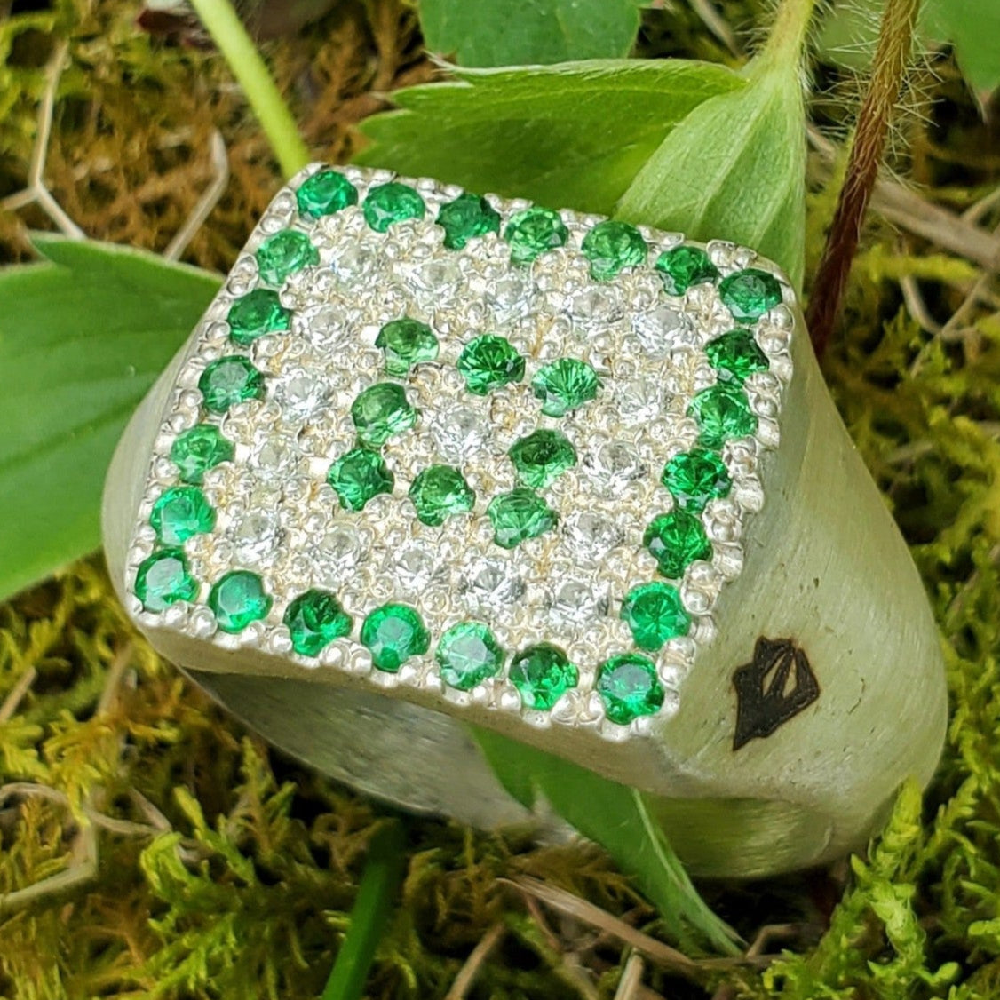 Pave Tsavorite Garnet - White Sapphire Square Signet