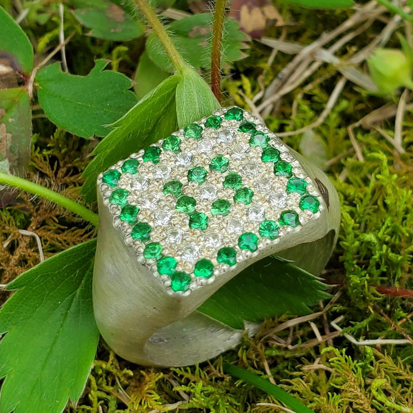 Pave Tsavorite Garnet - White Sapphire Square Signet
