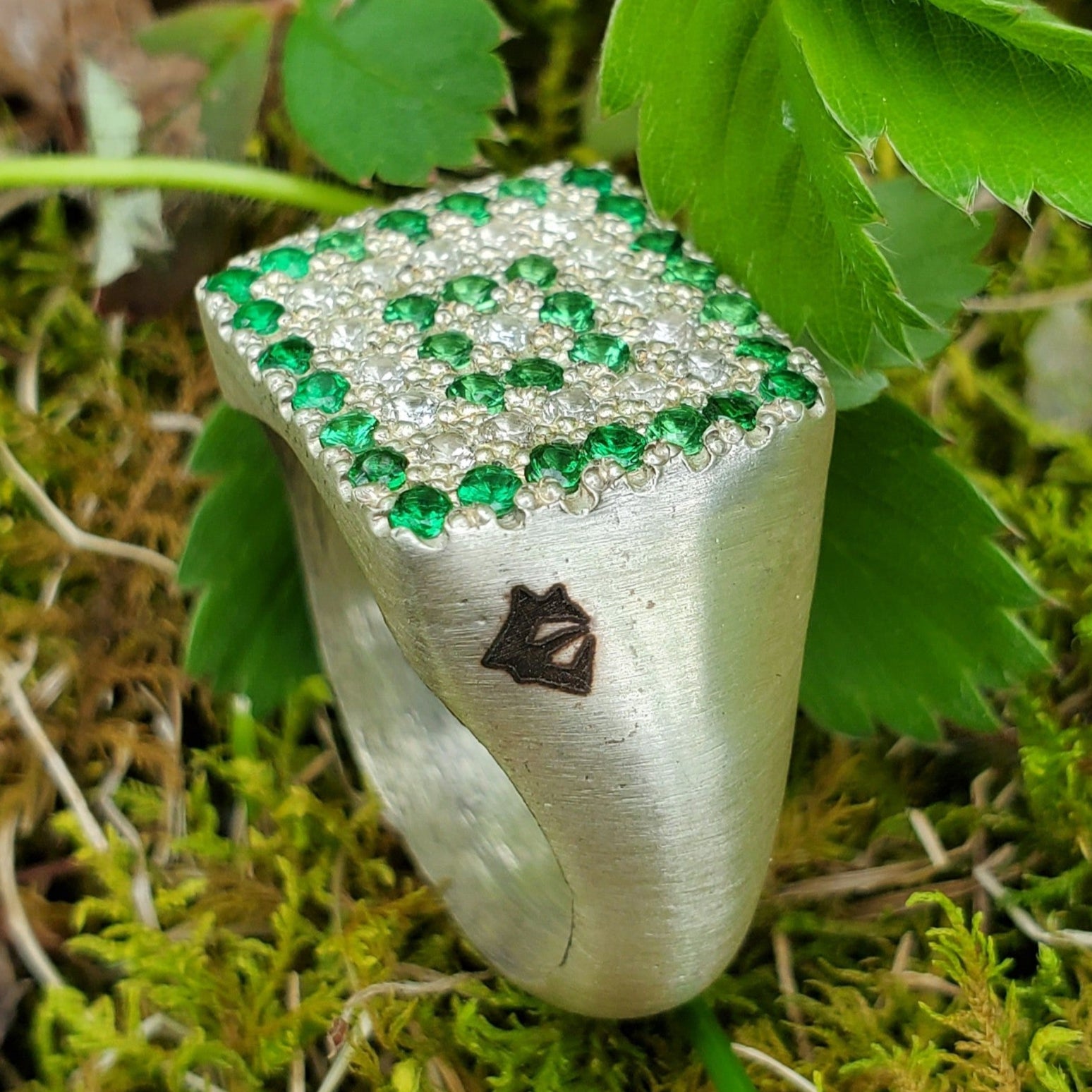 Pave Tsavorite Garnet - White Sapphire Square Signet